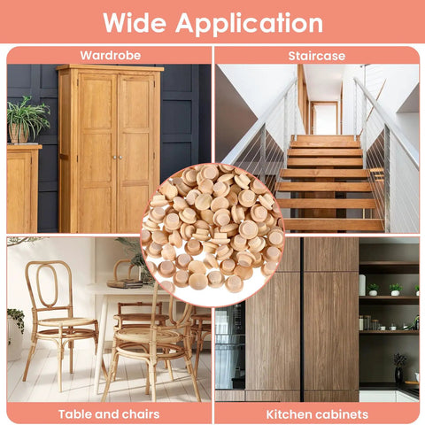 Application of 100 Pack Three Eighth Inch Wood Plugs For Screw Holes in furniture and cabinets shown in split image