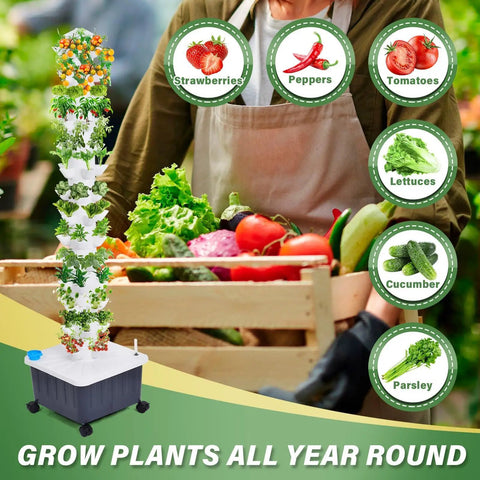 Vertical Hydroponic Growth Tower with 14 Layers and 70 Slots for balconies, automatic watering system, fresh veggies display.
