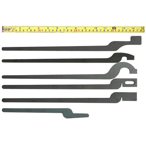Rapid Tongs Bundle Set For DIY Blacksmithing showing 6 Types Of Forging Tongs with measuring tape, black steel, mild steel blanks.