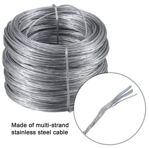 Coil of multi-strand stainless steel cable from All In One Picture Hanging Kit With D Ring Hangers And Screws, Aluminum Sleeves, 100 Feet Wire And Screwdriver, Supports Up To 30 Lb, Perfect For Frames, Photos, Art, Signs And Mirrors.
