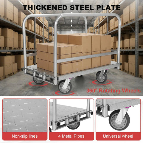 Beast Steel Panel Cart With Four Swivel Casters 2500 Lb Capacity 36x24 Inch Steel Board Three Side Handrails Heavy Duty Platform Truck For Panels Tables And Bulk Goods loaded with boxes in warehouse