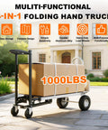Heavy Duty 4 In 1 Convertible Hand Truck Dolly Cart With 1000 Lbs Capacity on patio, carrying stacked boxes with a folding frame.