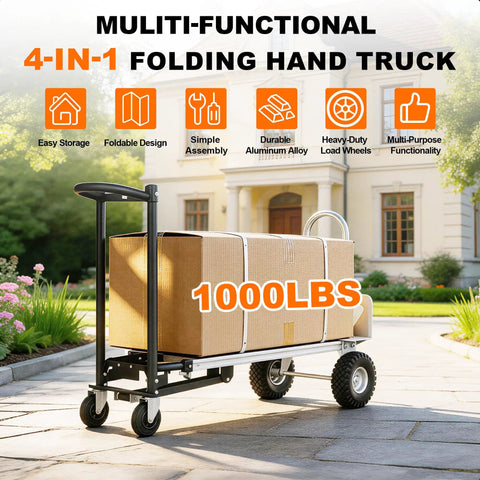 Heavy Duty 4 In 1 Convertible Hand Truck Dolly Cart With 1000 Lbs Capacity on patio, carrying stacked boxes with a folding frame.