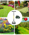 Manual Lawn Aerator Tool With T Handle And Stainless Steel Spikes for garden and lawn care, shown with gloves, 99x24cm.