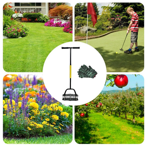 Manual Lawn Aerator Tool With T Handle And Stainless Steel Spikes for garden and lawn care, shown with gloves, 99x24cm.