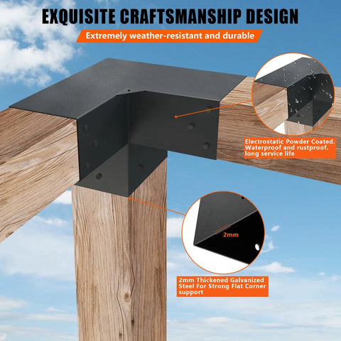 3 Way Pergola Brackets Kit For 5.5x5.5 To 6 Inch Lumber Outdoor Use Heavy Duty Galvanized Steel Corner Brackets With Matte Black Powder Coat