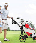 Ultralight Aluminum Golf Push Cart With Quick Snap One Click Fold Design And Large Ten Inch All Terrain Wheels That Glide Hella Smooth On Any Clubhouse Course on the golf course.