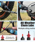 All In One Bike Cleaning Kit With Chain Degreaser, Chain Scrubber, Chain Lube, Gear Floss, Cleaning Brush Set And Pro Grade Towel For Mountain, Road, Ebike And Trail Bikes showing all-weather chain lube application and nozzle types.