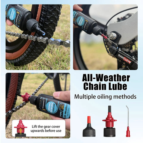 All In One Bike Cleaning Kit With Chain Degreaser, Chain Scrubber, Chain Lube, Gear Floss, Cleaning Brush Set And Pro Grade Towel For Mountain, Road, Ebike And Trail Bikes showing all-weather chain lube application and nozzle types.