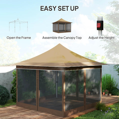 12 X 12 Ft Pop Up Canopy Tent With Mesh Netting UPF50 Instant Sun Shelter Height Adjustable Easy Setup Garden Patio Shelter Beige