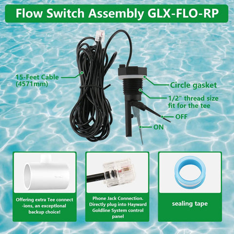 Flow Switch With Tee For Goldline Salt Systems Including AquaRite ProLogic AquaLogic Mineral Springs MS10 MS11 Swimpure And AquaPlus, 15 ft cable