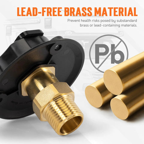 RV City Water Inlet With Check Valve Replacement Lead Free Brass Threads Three Quarter GHT Female And One Half NPT Male Pipe Fittings Water Hose Connector For Campers Trailers And Motorhomes, black flange brass threads