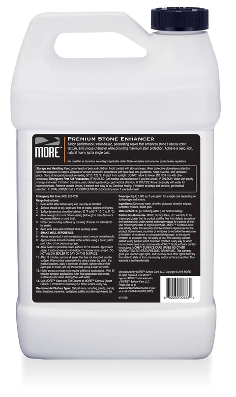 Water Based Stone Enhancer And Sealant For Marble Granite Limestone gallon container with detailed application instructions on label.