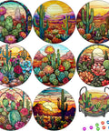 Colorful Cacti Diamond Painting Coaster Set With Holder 8 Piece DIY Art Coasters For Beginners And Grownups 4x4 Inches displayed