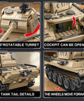 Panther Tank WW2 Military Building Set With 937 Pieces showcasing turret, cockpit, tank tail, and moving wheels details.