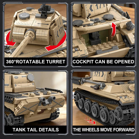 Panther Tank WW2 Military Building Set With 937 Pieces showcasing turret, cockpit, tank tail, and moving wheels details.