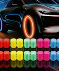 Glow In The Dark Tire Valve Caps Set Of 20 Fluorescent Valve Stem Caps in vibrant colors in front of a glowing car tire
