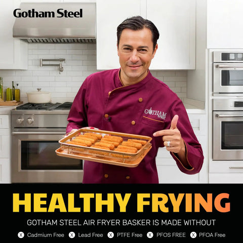 Chef holding Two Piece Aluminum Baking Sheet With Air Fry Rack And Copper Nonstick Coating For Oven 16.5 By 12.5 Inch