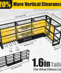 Dimensions diagram of a 64 Inch Wide Power Tool Organizer Wall Mount With Corner Fit, Heavy Duty 4 Tier Garage Storage Rack, 820 Lbs Capacity