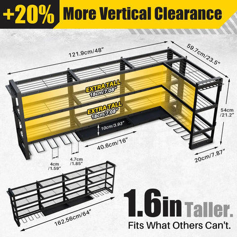 Dimensions diagram of a 64 Inch Wide Power Tool Organizer Wall Mount With Corner Fit, Heavy Duty 4 Tier Garage Storage Rack, 820 Lbs Capacity