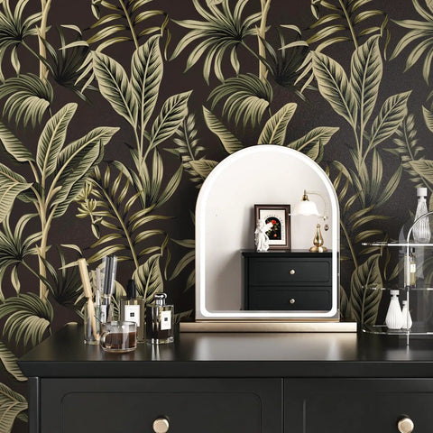 Tropical Floral Peel And Stick Wallpaper With Palm Leaves For Walls And Cabinets Removable Two Sheets Easy Install Seamless Pattern Ideal For Bedroom Bathroom And Kitchen Decor, shown in a room setting with black dresser and mirror.