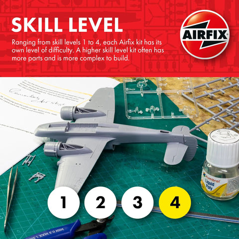 Airfix model airplane kit with tools and parts, skill level 4 indicated, on a workbench, hobbyist setup
