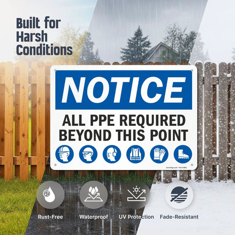 Notice All PPE Required Beyond This Point Sign 10 By 14 Aluminum Durable Outdoor Safety Marker No Nonsense Rust Resistant Long Lasting Up To Seven Years With Four Corner Holes For Easy Mounting With Screws Nails Or Ties
