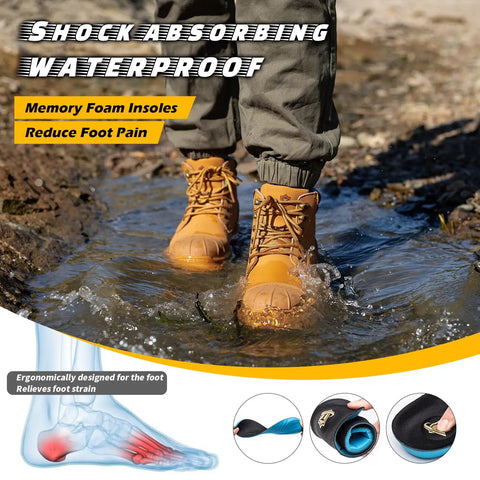 Waterproof Steel Toe Work Boots For Men 6 Inch Leather Construction Boots With Non Slip Outsole Safety Boots For Job Sites Indestructible Yet Lightweight Wheat Color Mens Work Shoes US Size 10.5