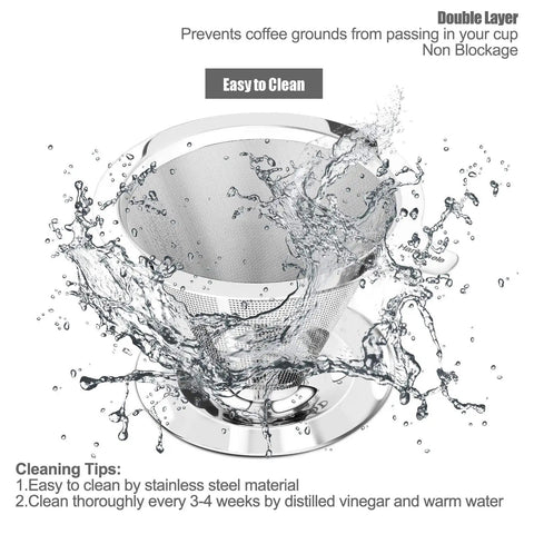 Pour Over Coffee Dripper With Double Mesh Stainless Steel Cone Filter with water splash showing easy cleaning