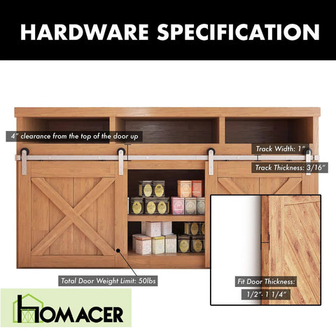 Mini Brushed Nickel Sliding Barn Door Hardware Kit for Two Doors with 54 Inch Flat Track, shown on wooden cabinet