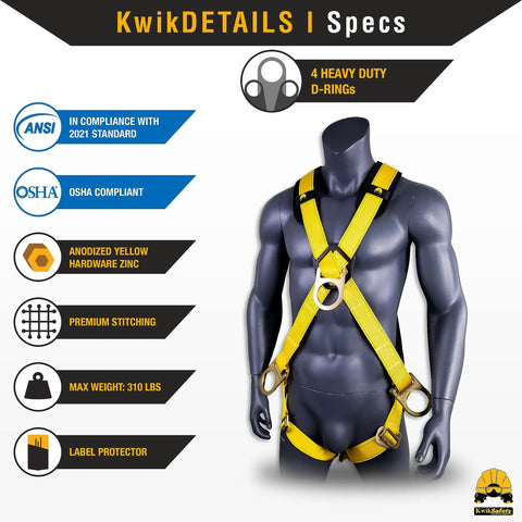 Monsoon Full Body Safety Harness With Four D Rings And Cushioned Shoulder Pads shown on mannequin, ANSI OSHA compliant