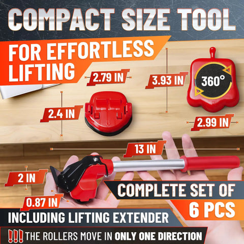 Complete set of 6 red furniture movers with wheels, 13in jack, sliders for effortless lifting, 660 lb capacity