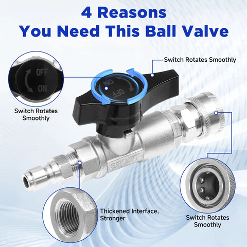 PWACCS ball valve pressure washer stainless steel shut-off with 3/8 inch quick-connect and blue handle