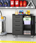 Beefy Heavy-Duty Metal Rolling Storage Cabinet With Wheels For Workshop, Garage Tool Cabinet With 1 Door And 4 Drawers, Black