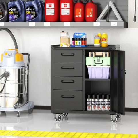 Beefy Heavy-Duty Metal Rolling Storage Cabinet With Wheels For Workshop, Garage Tool Cabinet With 1 Door And 4 Drawers, Black