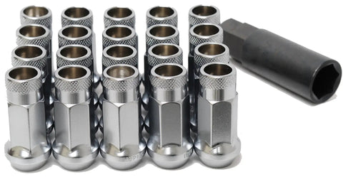 SR48 Open End Lug Nuts 12mm By 1.25 Thread Size Silver Lightweight Thin Wall Design With 60 Degree Taper Seat Knurled Top For Easy Install Cold Forged 50BV30 Construction Set Of 20