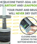 Airtight Touch Up Paint Container With Built In Brush And HaloTip Premium Brush For Mess Free Storage And Quick Touch Ups Ideal For Homeowners DIY Pros And Property Managers Pack Of 3 showing silicone twist-seal lid and hand holding container.
