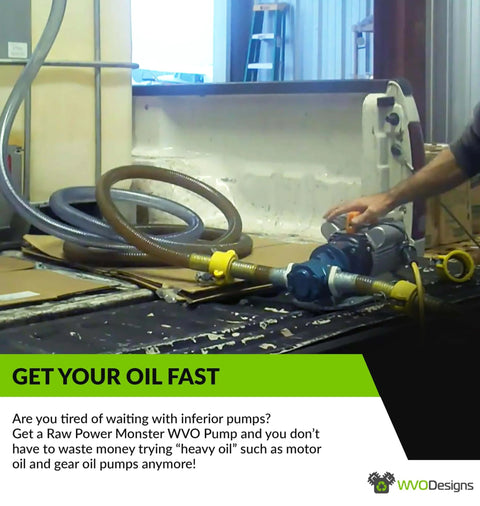 12 GPM Portable Oil Pump With Custom US Made Baldor Motor in use for transferring oil with hoses connected, in workshop setting