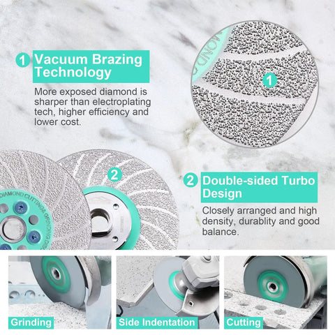 Diamond Blade For Angle Grinder 4 1 2 Inch Tile Cutting Disc That Lets You Cut Tile Grind Edges Bevel Corners And Clean Surfaces Without Swapping Blades Turbo Rim For Porcelain Ceramic Granite Stoneware 5 8 11 Thread shown with vacuum brazing technology and double-sided turbo design.