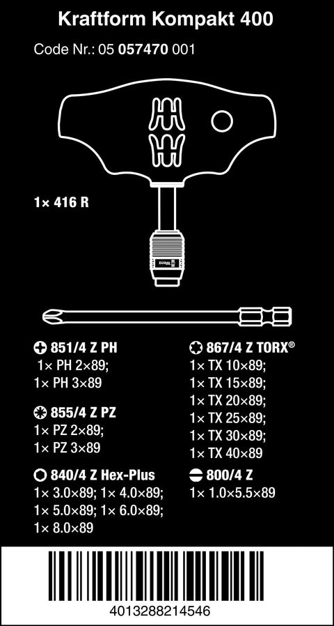 Kraft Form Kompakt 400 17-Piece T-Handle Screwdriver Set diagram showing components and code number 057470