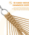 Close-up of Caribbean Rope Hammock 10.5 Ft Double Outdoor Hammock With Spreader Bars Hand Woven Polyester, tan ropes with O-ring.