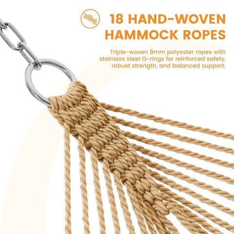 Close-up of Caribbean Rope Hammock 10.5 Ft Double Outdoor Hammock With Spreader Bars Hand Woven Polyester, tan ropes with O-ring.