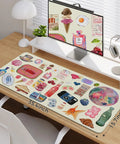 Large Anti Slip Desk Pad For Keyboard And Mouse With Stitched Edges Watercolor Style Desk Cover on wooden desk setup.
