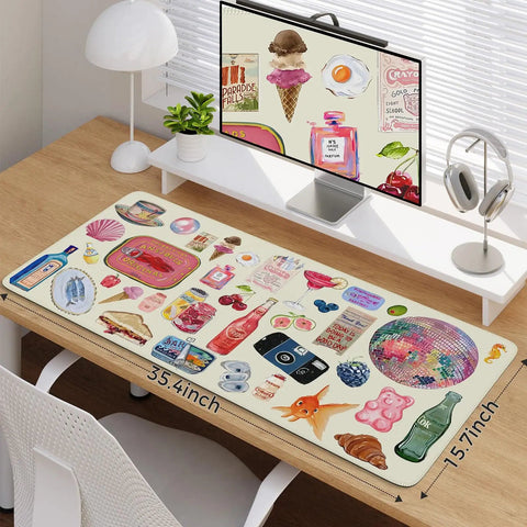 Large Anti Slip Desk Pad For Keyboard And Mouse With Stitched Edges Watercolor Style Desk Cover on wooden desk setup.