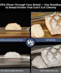 World's First Real Bow Design Sourdough Bread Slicer With Razor Sharp Edge For Crusty Loaves, comparing clean cuts vs. uneven cuts.