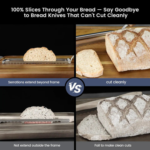 World's First Real Bow Design Sourdough Bread Slicer With Razor Sharp Edge For Crusty Loaves, comparing clean cuts vs. uneven cuts.