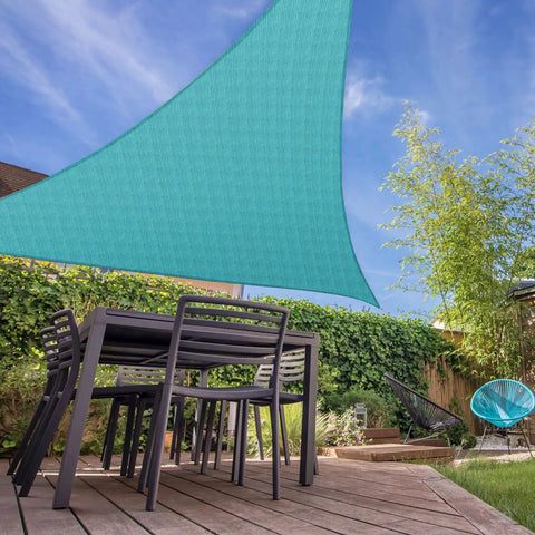 Equilateral Triangle Sun Shade Sail 8 Ft by 8 Ft by 8 Ft For Patio Backyard Garden Outdoor Living UV Block Turquoise, installed over patio.