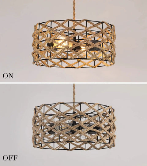 Boho Pendant Light Rustic Hand Woven Hemp Rope Drum Cage Rattan Hanging Lamp Wicker Coastal Farmhouse Chandelier With Two E26 Sockets