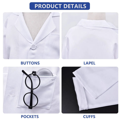 Close-up of Mad Scientist Costume Kit For Kids with buttons, lapel, pocket with glasses, and cuffs on white lab coat.