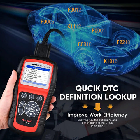 AutoLink AL619 Scanner for OBD2 Cars From 1996 Through 2015 held in hand showing diagnostic interface with car diagram
